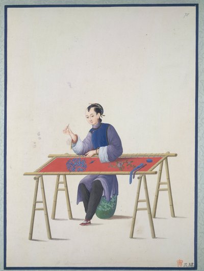 Nakış yapan bir kadın, c.1800 (kağıt üzerine suluboya) by School Chinese