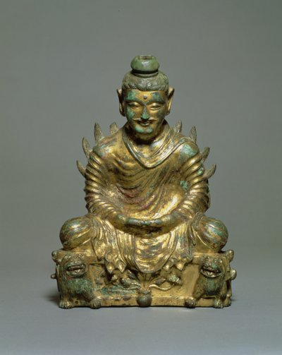 Alevli omuzlu Oturan Buda, Çin Altı Hanedan Dönemi, Kuzey Wei hanedanı, 3.-5. yüzyıl (altın yaldızlı bronz) by School Chinese