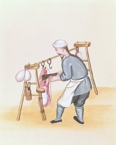 The Meat Seller, Pekin sokak aramaları üzerine bir kitaptan, c.1785 (kağıt üzerine suluboya ve guaj boya) by School Chinese