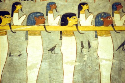 Antik Mısır, Resim, Hathor#39;a bağlı yeraltı tanrıları, ilahi inek, güneş enerjili barikatı çeken, Rameses I#39;in Mezarı, Thebes by School Egyptian