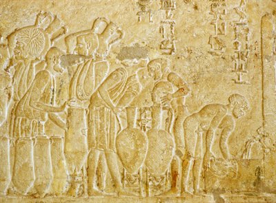 Antik Mısır, Duvar oymacılığı, Petosiris Mezarı, MÖ 300, Tunael Gebel, Şarap toplama ve şişeleme (fotoğraf) by School Egyptian