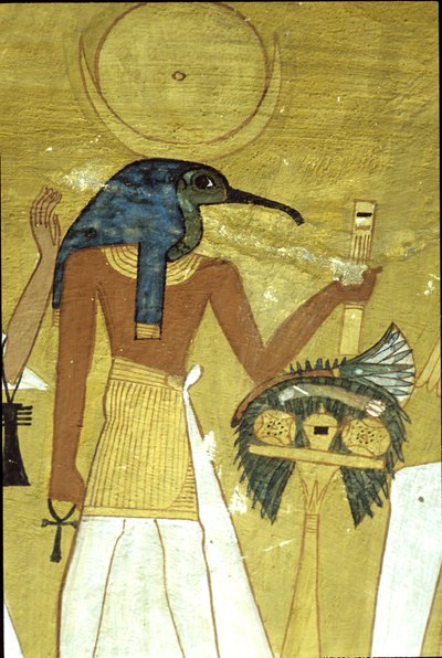 Antik Mısır, Duvar resmi Inherkhau#39;nun Mezarı, Thebes, Tanrı Thoth ölen kişiyi Osiris#39;le tanıştırıyor, 20. Hanedan, İbis ay diskiyle Tanrı#39;nın başına geçiyor (fotoğraf) by School Egyptian
