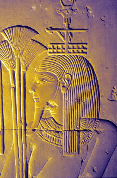 Antik Mısır, Duvar resmi/oyma, Nil Tanrısı nilüfer çiçekleri sunar, Seti I Tapınağı, Abydos by School Egyptian
