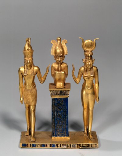 Antik Mısır: Osorkon adına Osirian üçlüsü (Osiris, İsis ve Horus ile çevrilidir. Altın kolye ve lapis lazuli (lapis lazuli). 22. hanedan, düşük dönem. Paris, Louvre Müzesi by School Egyptian