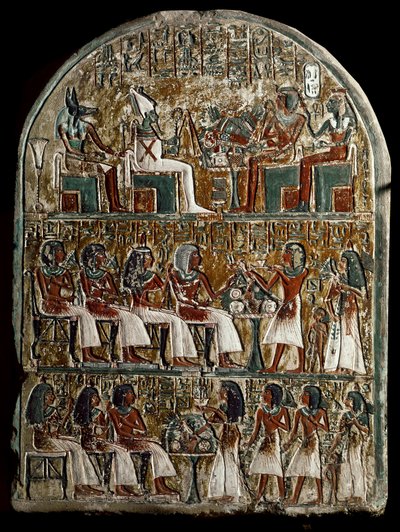 Mısır antik: Irynefer steli, tepede tanrılar Osiris ve Anubis, Amenophis I ve Ahmes Nefertari tanrısallara bakıyor; Irynefer merkezinde, karısı Mehytkhaty ve kızları Hathor, ebeveynlerine cenaze sunusunu yapar, alt Hathor yetişkin by School Egyptian