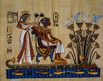 Mısır antikaları: “” papirüsteki firavun ve karısı”” Papirüs, Yeni İmparatorluk by School Egyptian