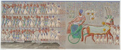 Thebes, Medynet-Abu: sarayın peristilinin güney galerisine oyulmuş renkli kısma - “” Mısır Antik Çağları”, T.II by School Egyptian