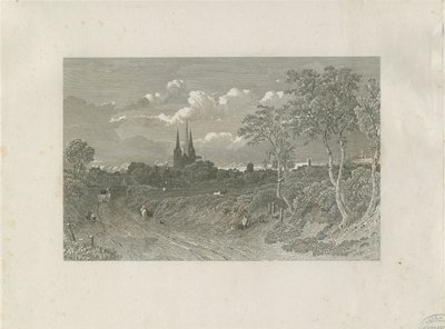 Lichfield Katedrali - Batı Görünümü (uzaktan): gravür ve [?18. yüzyıl] (baskı) by School English