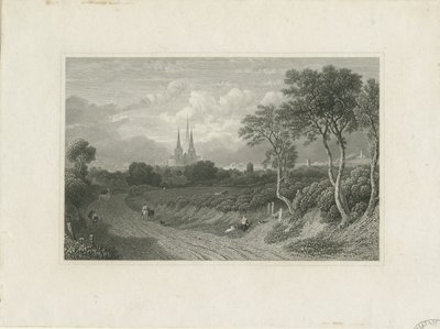 Lichfield Katedrali - Batı Görünümü (uzaktan): gravür ve [?18. yüzyıl] (baskı) by School English