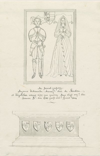 Sandon Kilisesi - Hugh Erdeswicke ve Elizabeth Mezarı [Harcourt]: kalem ve yıkama çizimi, ve [?18.yüzyıl] (çizim) by School English