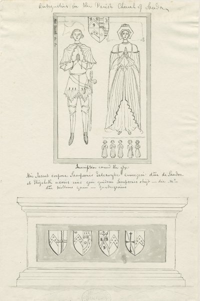 Sandon Kilisesi - Sampson Erdeswick ve Elizabeth Mezarı [Gri]: kalem ve mürekkeple çizim, nd [?18.yüzyıl] (çizim) by School English