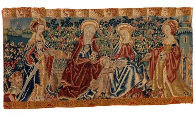 15. yüzyılın sonlarından 16. yüzyılın başlarına kadar iki azizin eşlik ettiği Meryem Ana, Çocuk ve Aziz Anne'yi tasvir eden sunak ön duvar halısı (yün ve ipek) by School European