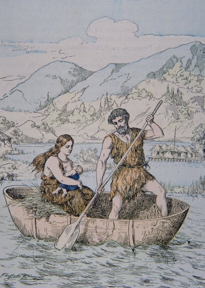 Coracle tipi teknede Antik Galyalılar (renkli taş) by School French