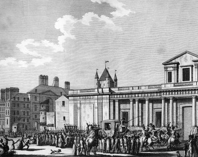 Fransız Devrimi: Kraliyet ailesinin (Louis XVI, Marie Antoinette, yunus Louis Charles de France veya Louis XVII ve “Madame Royale” olarak bilinen Marie Therese) 13 Ağustos'ta Paris'teki Tapınak hapishanesine transferi by School French