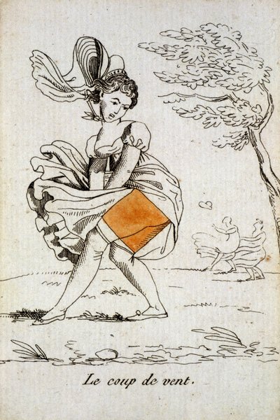 Oynamak için eski kart: elmas ası - bir kadının eteğini kaldıran “” Rüzgar esintisi”””. Musée de la Carte à Joucher, Issy-les-Moulineaux. by School French