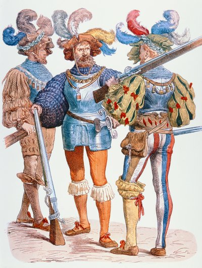 Kibritli tüfeklerle donanmış 16. yüzyıl Alman askerleri (renkli gravür) by School German