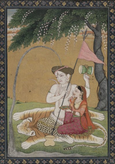Kaplan Derisi üzerinde Shiva ve Parvati, c.1800 (altın ve gümüş ile suluboya) by School Guler