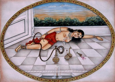 Nargile ve İçecek İçen Bayan Kağıt Üzerine Minyatür Resim by School Indian