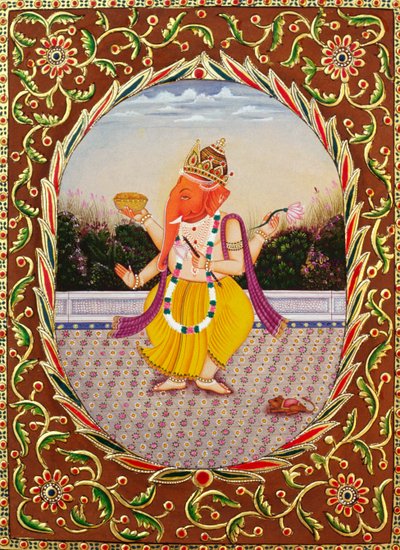 Lord Ganesha Ganpati Nakışlı Kağıt Üzerine Minyatür Resim by School Indian