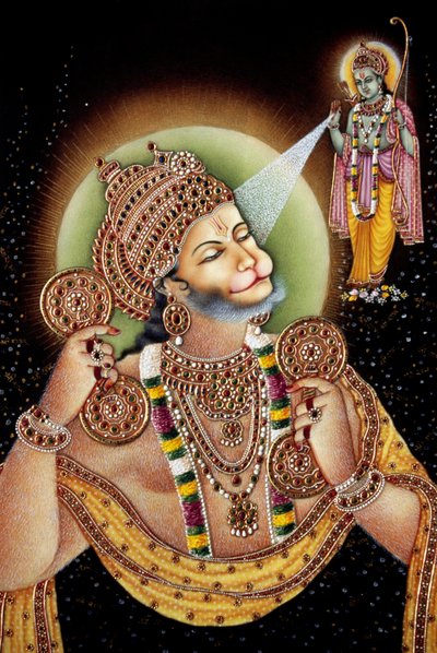 Lord Hanuman ve Rama Kağıt Üzerine Minyatür Tablo by School Indian