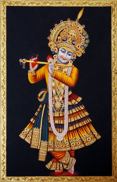 Lord Krishna Flüt Çalıyor Kağıt Üzerine Minyatür Resim by School Indian