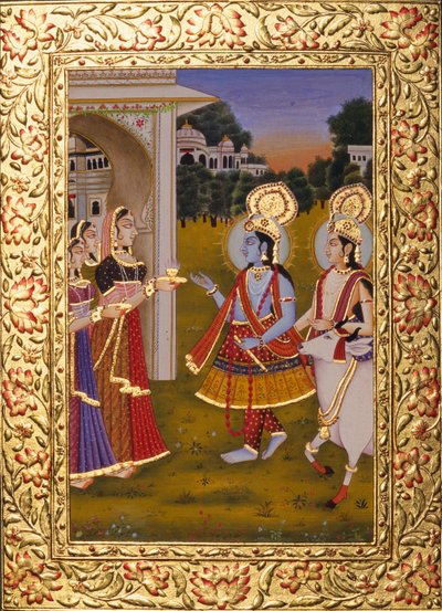 Radha Krishna Altın Kabartmalı Kağıt Üzerine Minyatür Tablo by School Indian