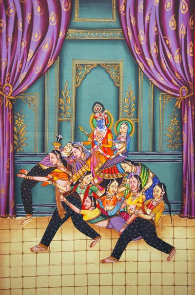 Radha Krishna Sakhis#39;in Kağıt Üzerine Minyatür Tablosu ile by School Indian