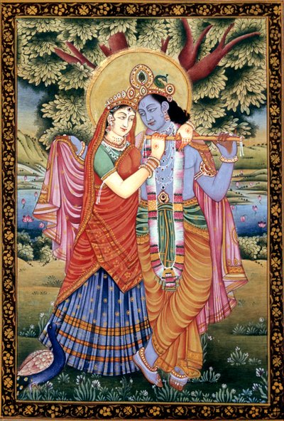 Radha ve Krishna Aşk Sahnesi Kağıt Üzerine Minyatür Tablo by School Indian
