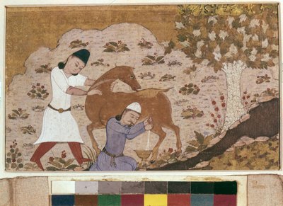 Onager Sağım, 15. yüzyıl sonu (suluboya, guaj, beyaz renk, kağıt üzerine mürekkep) by School Iranian