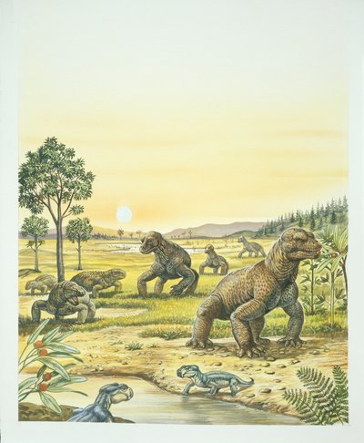 Anomodontlar, ön plan, Pareisaurlar, sol ve Dinocephalians, sağ, Paleozoik, Permiyen dönemi (renkli taş) by School Italian