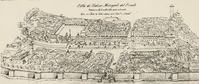 Udine şehrinin batı kesiminin kuşbakışı görünümü, gravür, İtalya by School Italian