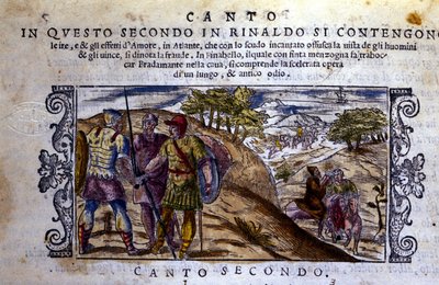 Sağda Angelique (Angelica), Bayard atı için Renaud (Rinaldo) ve Sacripant (Sacripante) arasındaki savaşı durduracak bir keşişle tanışır - Ludovico Ariosto