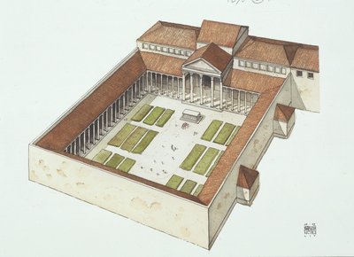 Titus Flavius Vespasianus (renkli taş) tarafından inşa edilen yeniden yapılandırılmış Forum by School Italian