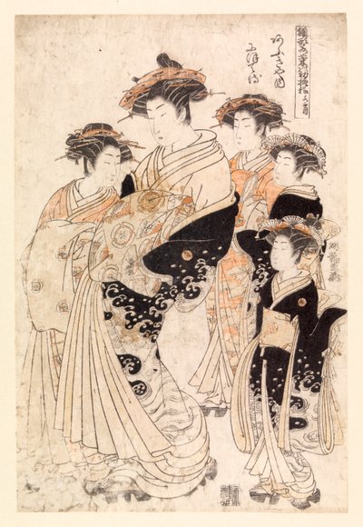 Beş Japon kadın (renkli gravür) by School Japanese