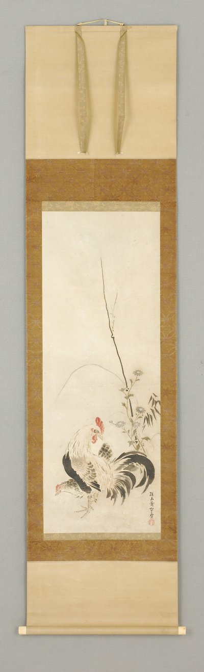 Kakemono, horoz ve tavuk w/çiçekler by Japanese School