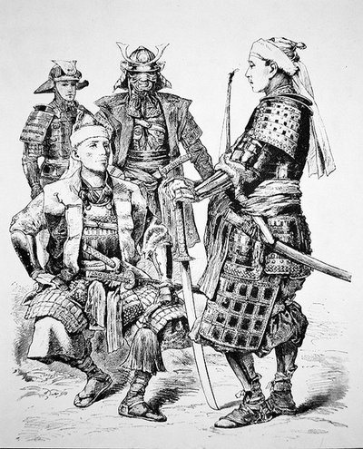Geleneksel kostüm ve zırh giyen Eski Japonya Samurayları (litho) by School Japanese