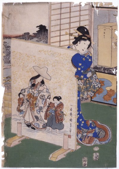 Kadın Tsuitate W/ S. "Kunisada" Resminin Arkasında Duruyor (renkli gravür) by School Japanese