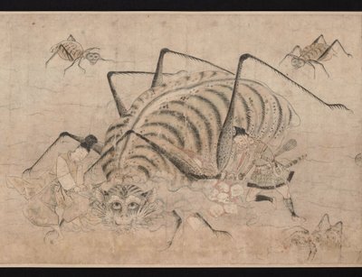 Yorimitsu sal Tsuchigumo (iblis araignee) (Yoriitsu, Tsuchigumo'yu öldürüyor) Ayrıntı du rouleau Tsuchigumo no Soshi Emaki - Oeuvre anonim, aquarelle sur papier by School Japanese