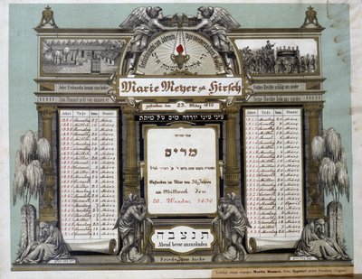 Ölen bir yakın akrabanın Gelecekteki Morg Hizmetleri için anma takvimi. Jahrzeit tablosu. Yahudi Müzesi Basel, İsviçre. by School Jewish