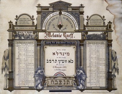 Ölen bir yakın akrabanın Gelecekteki Morg Hizmetleri için anma takvimi. Jahrzeit tablosu. Yahudi Müzesi Basel, İsviçre. by School Jewish