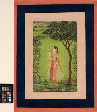 Bir ağacın yanında duran, elinde çiçek tutan bir kadın, c.1720 (kağıt üzerinde opak ve altın rengi) by School Mughal