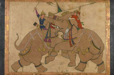 Fil Savaşı (mürekkep, karton üzerine monte edilmiş kağıt üzerindeki pigmentler) by School Mughal