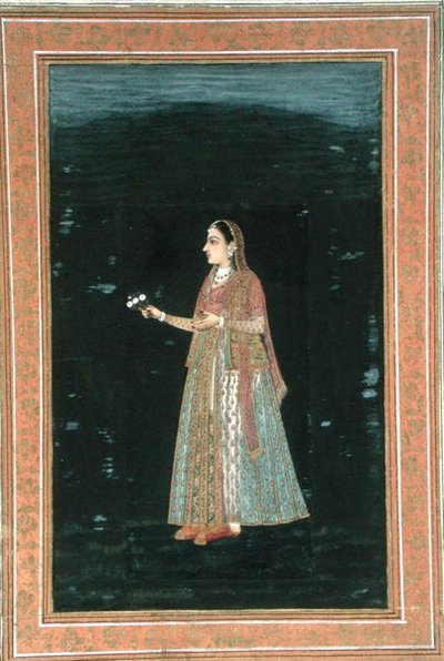 Küçük Clive Albümünden çiçek tutan kadın (kağıt üzerine opak sulu boya) by School Mughal