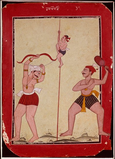 Antrenman sırasında üç sporcu (ip, okçuluk ve kar ayakkabısı oyunu) (Minyatür by School Mughal