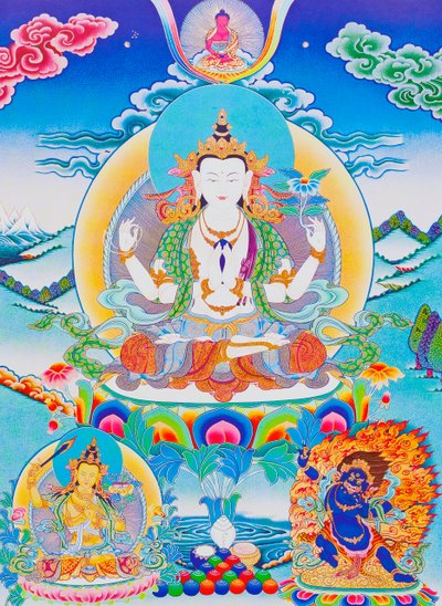 Altı heceli "Om Mani Padme Hum"un efendisi Chenresi'yi tasvir eden resim (kumaş üzerine guaş) by School Nepalese