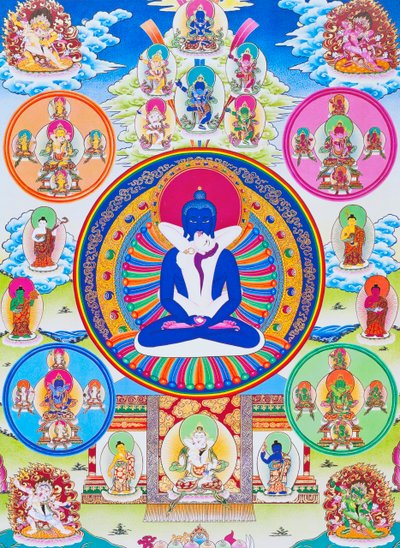 Mutlak ile birliği simgeleyen Samantabhadra'yı eşiyle birlikte tasvir eden resim (kumaş üzerine guaş) by School Nepalese