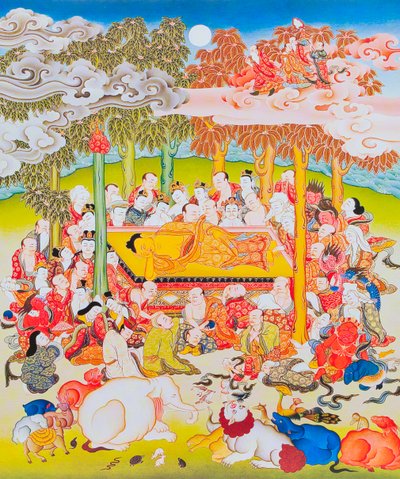 Nirvana Buddha'yı tasvir eden resim (kumaş üzerine guaş) by School Nepalese
