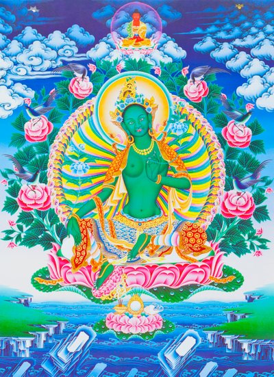Varoluş okyanusundaki tüm tehlikelerden koruyucu anne olan yeşil Tara'yı tasvir eden resim (kumaş üzerine guaş) by School Nepalese