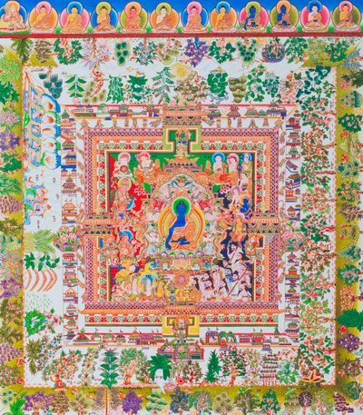 Bhaisajyaguru'nun merkez figürü olan Medicine Buddha Mandala, şifalı bitkiler içeren bir kase (kumaş üzerine guaş) ile manastır cübbesi içindeki yüce şifacıyı temsil eder. by School Nepalese
