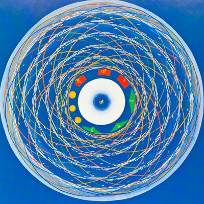 Bütünlüğü, birliği ve yenilenmeyi anlatan Om cosmo Mandala (kumaş üzerine guaş) by School Nepalese